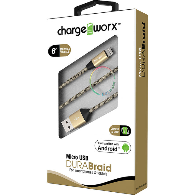 "DURA" Braid 6ft Micro USB  Sync & Charge Cable, Gold