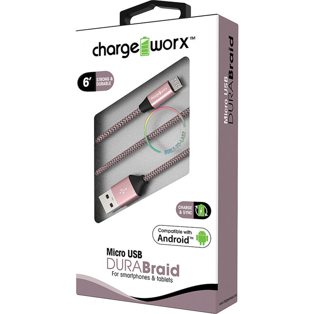 "DURA" Braid 6ft Micro USB  Sync & Charge Cable, Rose Gold