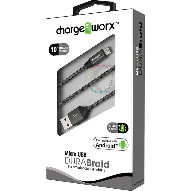 "DURA" Braid 10ft Micro USB  Sync & Charge Cable, Black