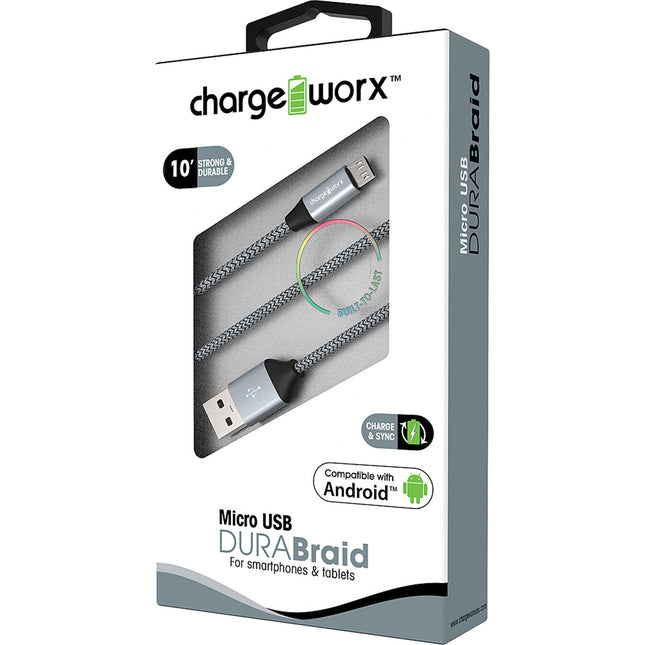 "DURA" Braid 10ft Micro USB  Sync & Charge Cable, Silver