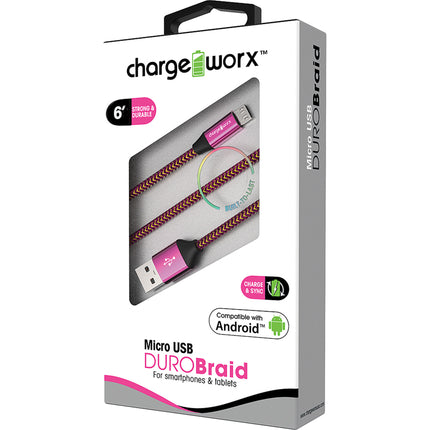 "DURO" Braid 6ft Micro USB  Sync & Charge Cable, Pink