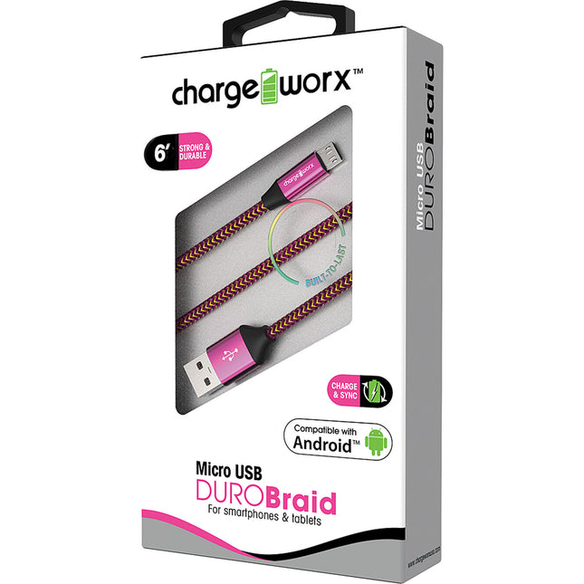 "DURO" Braid 6ft Micro USB  Sync & Charge Cable, Pink