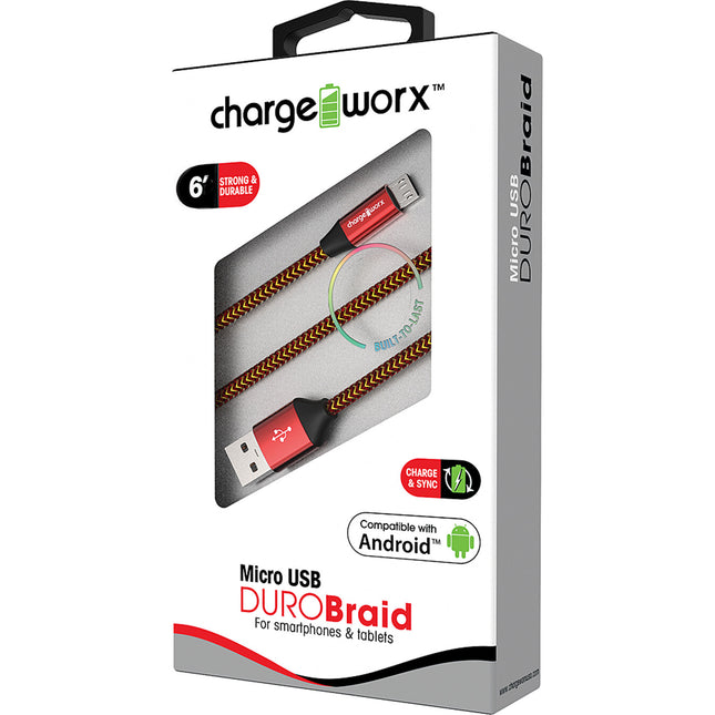 "DURO" Braid 6ft Micro USB  Sync & Charge Cable, Red