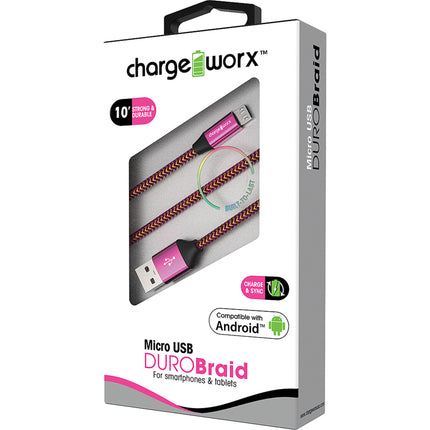 "DURO" Braid 10ft Micro USB  Sync & Charge Cable, Pink