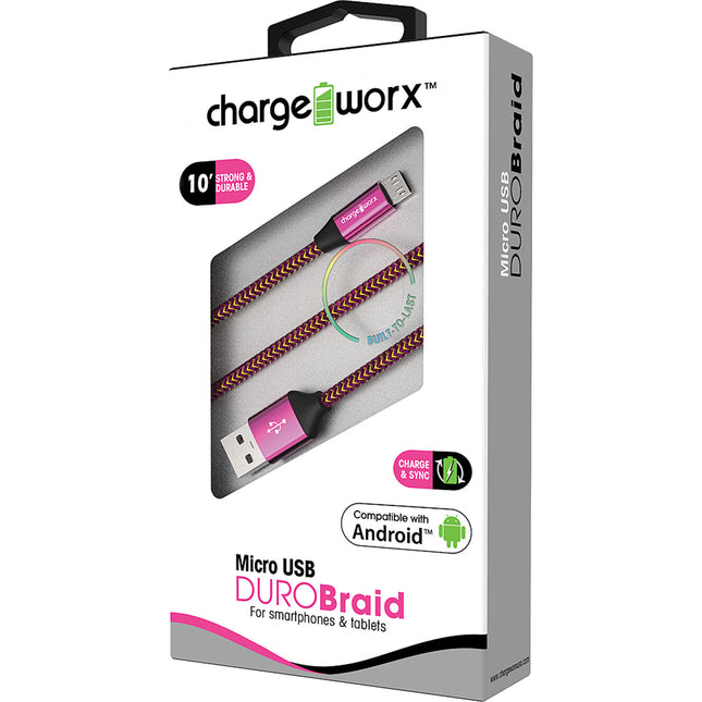 "DURO" Braid 10ft Micro USB  Sync & Charge Cable, Pink