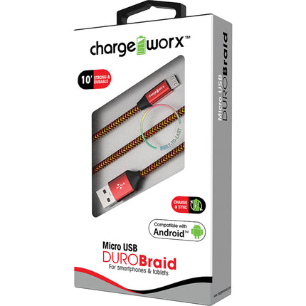 "DURO" Braid 10ft Micro USB  Sync & Charge Cable, Red