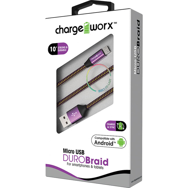 "DURO" Braid 10ft Micro USB  Sync & Charge Cable, Violet