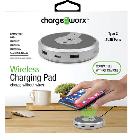 Wireless Charging with USB C + USB Ports, Silver