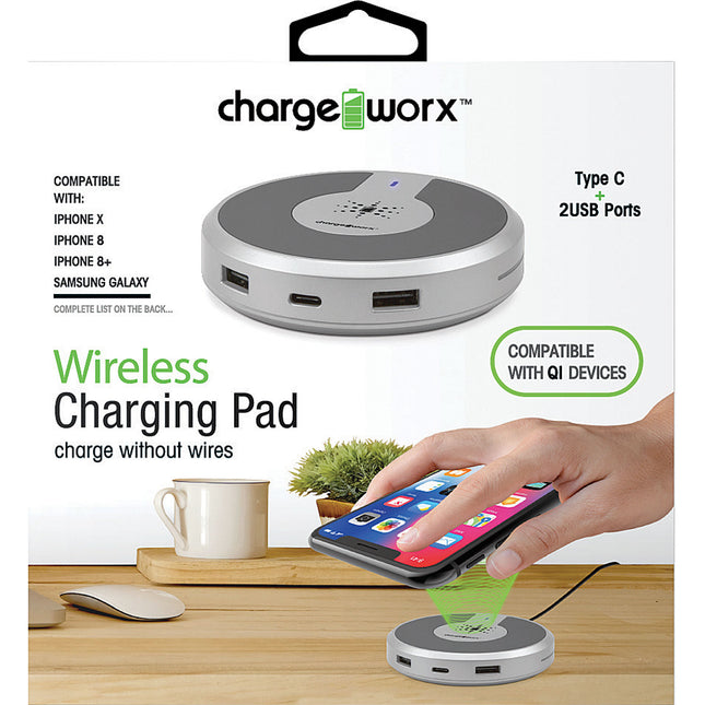 Wireless Charging with USB C + USB Ports, Silver