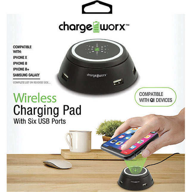 Wireless Charging Pad with Six USB Ports, Black