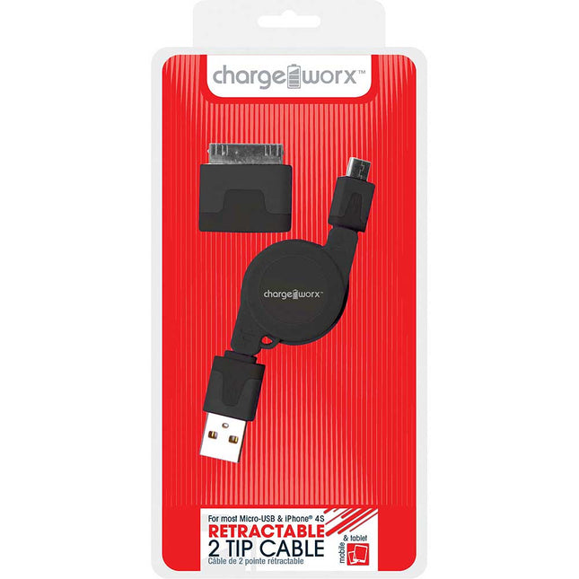CX5500BK Retractable Micro USB Sync & Charge Cable with 30-Pin Tip, Black