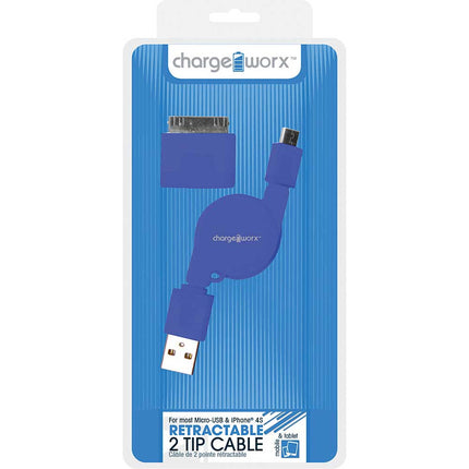 CX5500BL Retractable Micro USB Sync & Charge Cable with 30-Pin Tip, Blue