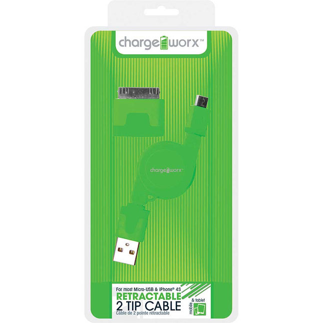 CX5500GN Retractable Micro USB Sync & Charge Cable with 30-Pin Tip, Green
