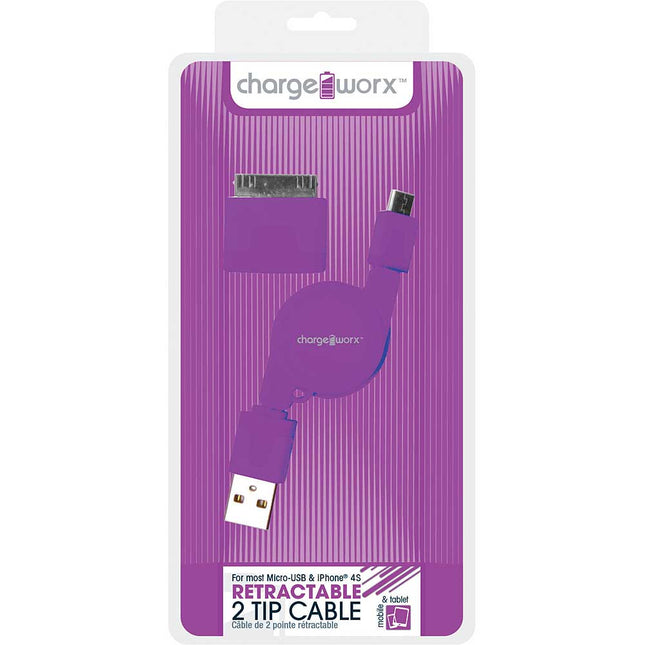 CX5500VT Retractable Micro USB Sync & Charge Cable with 30-Pin Tip, Purple