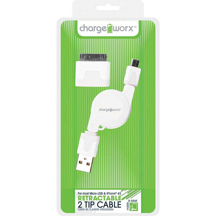 CX5500WH Retractable Micro USB Sync & Charge Cable with 30-Pin Tip, White