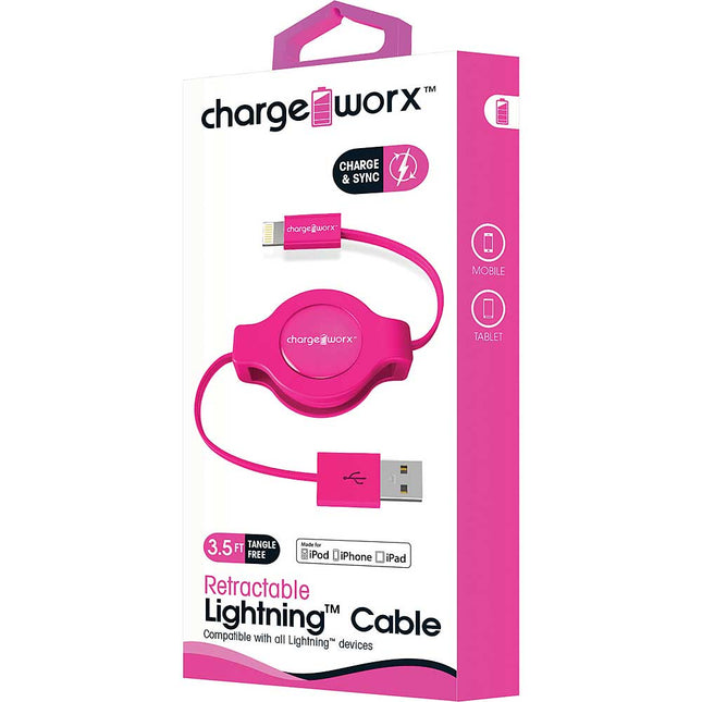 3Ft Lightning Retractable Cable, Pink