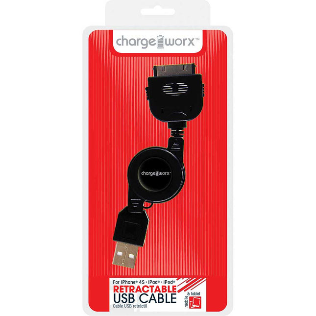 CX5507BK Retractable 30pin Sync & Charge Cable, Black