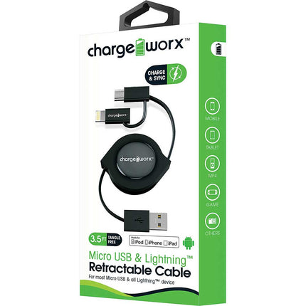 3Ft Micro+Lightning Retractable Cable, Black