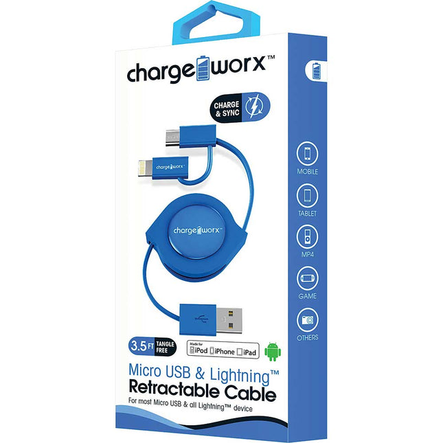 3Ft Micro+Lightning Retractable Cable, Blue