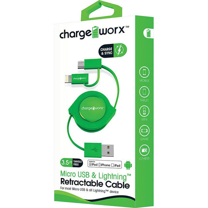 3Ft Micro+Lightning Retractable Cable, Green
