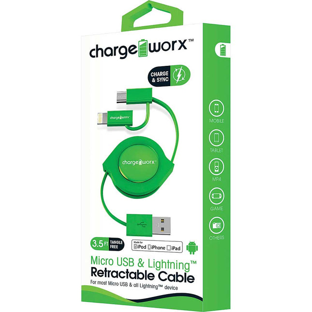 3Ft Micro+Lightning Retractable Cable, Green