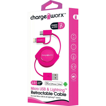 3Ft Micro+Lightning Retractable Cable, Pink