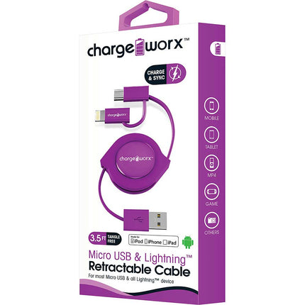 3Ft Micro+Lightning Retractable Cable, Purple