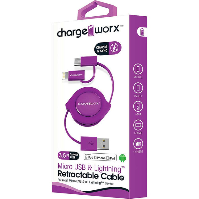 3Ft Micro+Lightning Retractable Cable, Purple