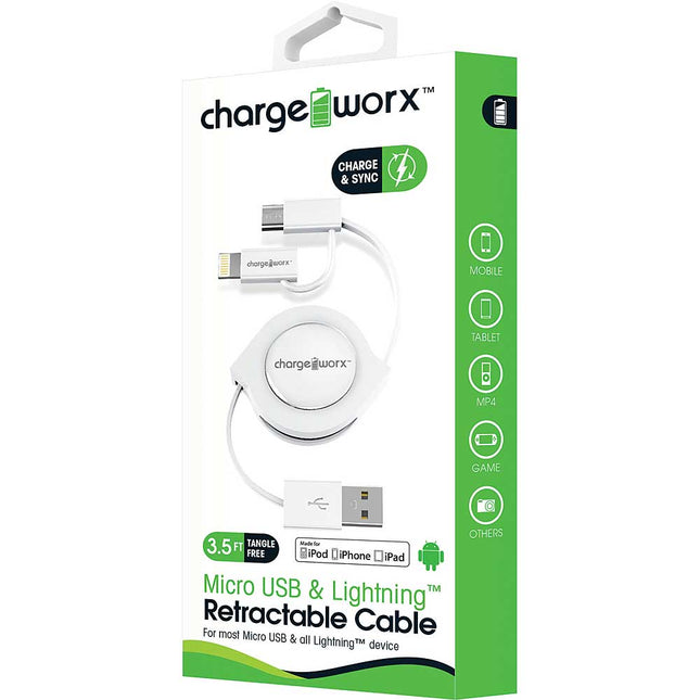 3Ft Micro+Lightning Retractable Cable, White