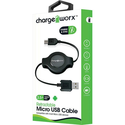 3Ft Micro USB Retractable Cable, Black