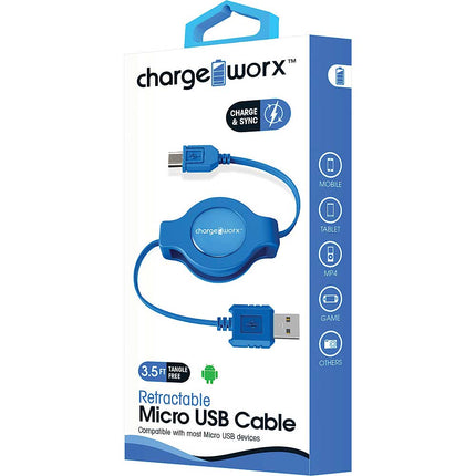 3Ft Micro USB Retractable Cable, Blue
