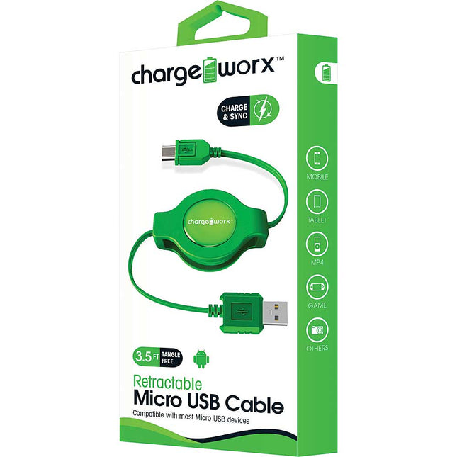 3Ft Micro USB Retractable Cable, Green