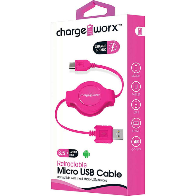 3Ft Micro USB Retractable Cable, Pink
