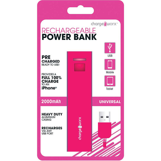CX6507PK 2000mAh Rechargeable Metallic Power Bank, Pink