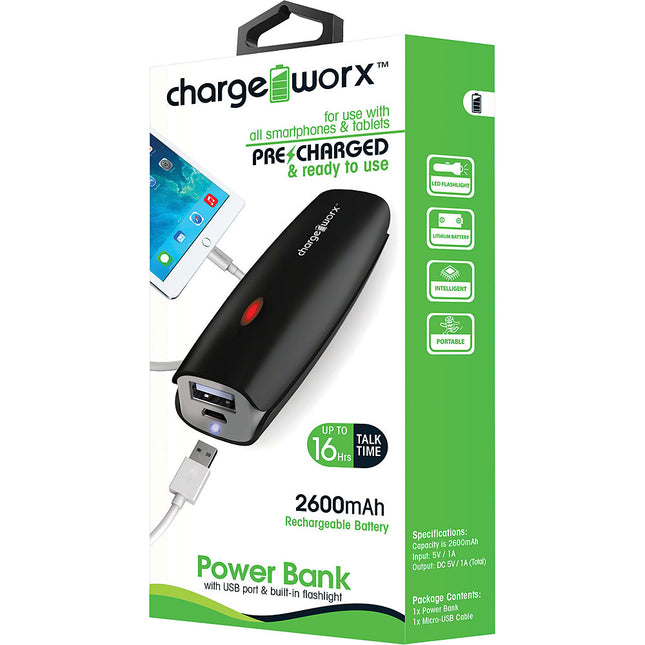 2600mAh Power Bank with built-in flashlight, Black