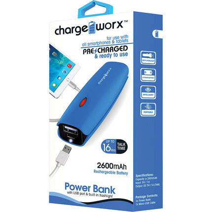 2600mAh Power Bank with built-in flashlight, Blue