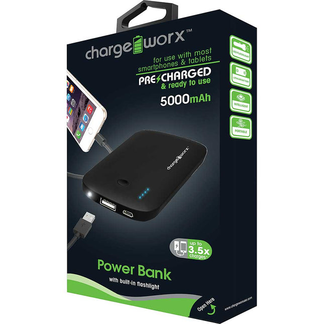 5000mAh Low Profile Power Bank with built-in flashlight, Black