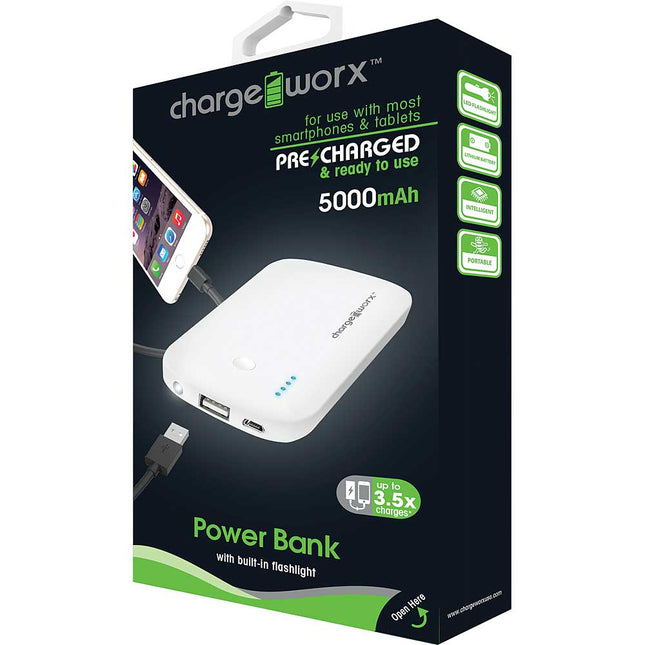 5000mAh Low Profile Power Bank with built-in flashlight, White