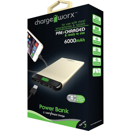 6000mAh Low Profile Metal Casing Power Bank w/built-in dual USB ports, Gold