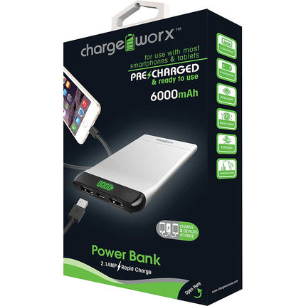 6000mAh Low Profile Metal Casing Power Bank w/built-in dual USB ports, Silver