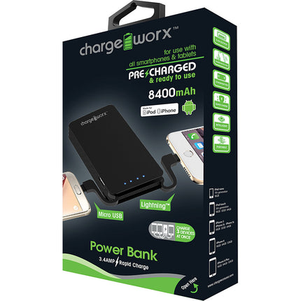 8400mAh Premium Power Bank with built-in Micro USB & Lightning Cable, Black