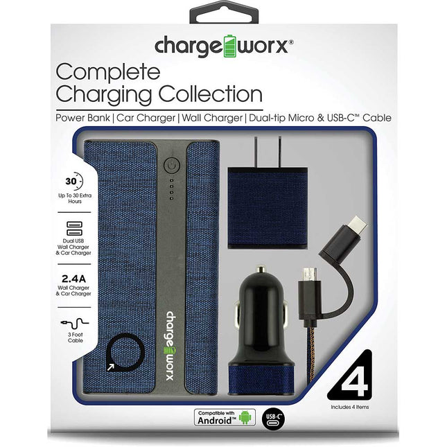 Sleek Canvas Complete Charging Collection w/Micro USB & USB-C Cable, Blue