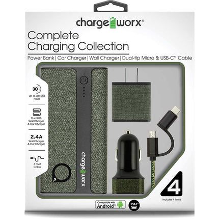 Sleek Canvas Complete Charging Collection w/Micro USB & USB-C Cable, Green