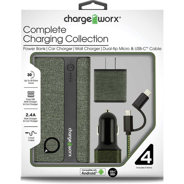 Sleek Canvas Complete Charging Collection w/Micro USB & USB-C Cable, Green