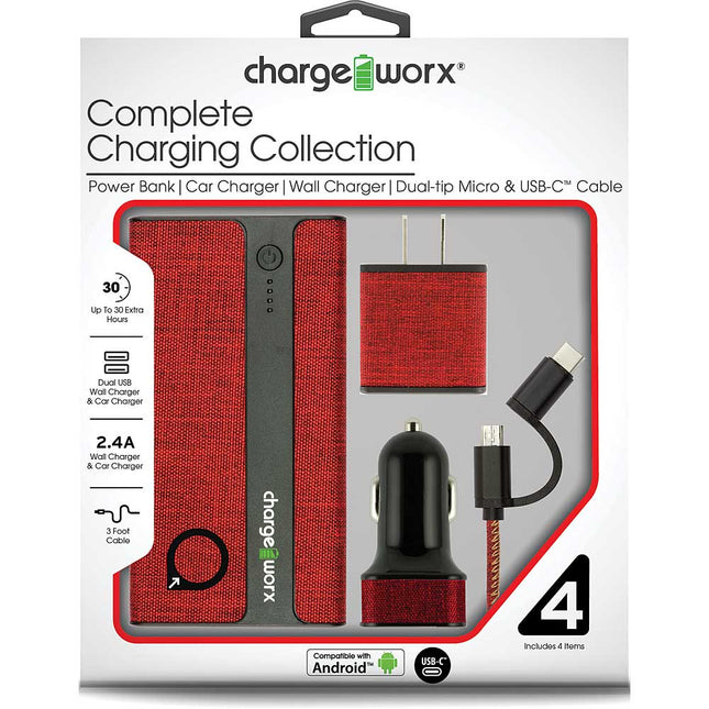 Sleek Canvas Complete Charging Collection w/Micro USB & USB-C Cable, Red