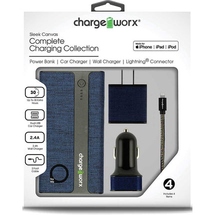Sleek Canvas Complete Charging Collection w/Lightning Cable, Blue