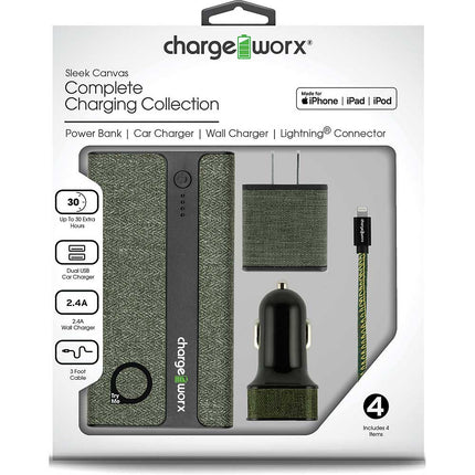 Sleek Canvas Complete Charging Collection w/Lightning Cable, Green