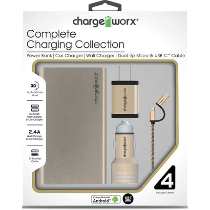 Metallic Complete Charging Collection w/Micro USB & USB-C Cable, Gold