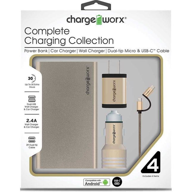 Metallic Complete Charging Collection w/Micro USB & USB-C Cable, Gold