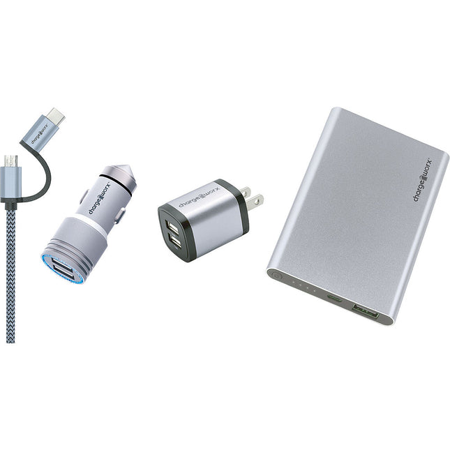 Metallic Complete Charging Collection w/Micro USB & USB-C Cable, Silver